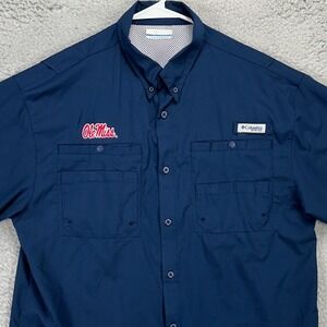 Ole Miss Rebels Columbia PFG Shirt Fishing Large Blue Button Down Vented Outdoor